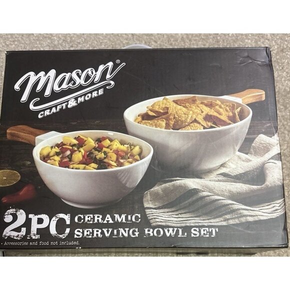 Mason Ceramic 2 Piece Serving Bowl Set Wooden Handles Rare - Picture 1 of 5